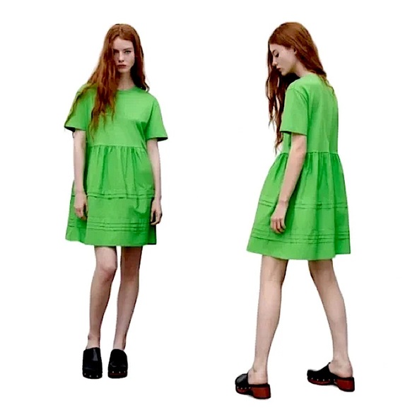 Zara Green Pleated Baby Doll Mini Dress - Picture 4 of 8